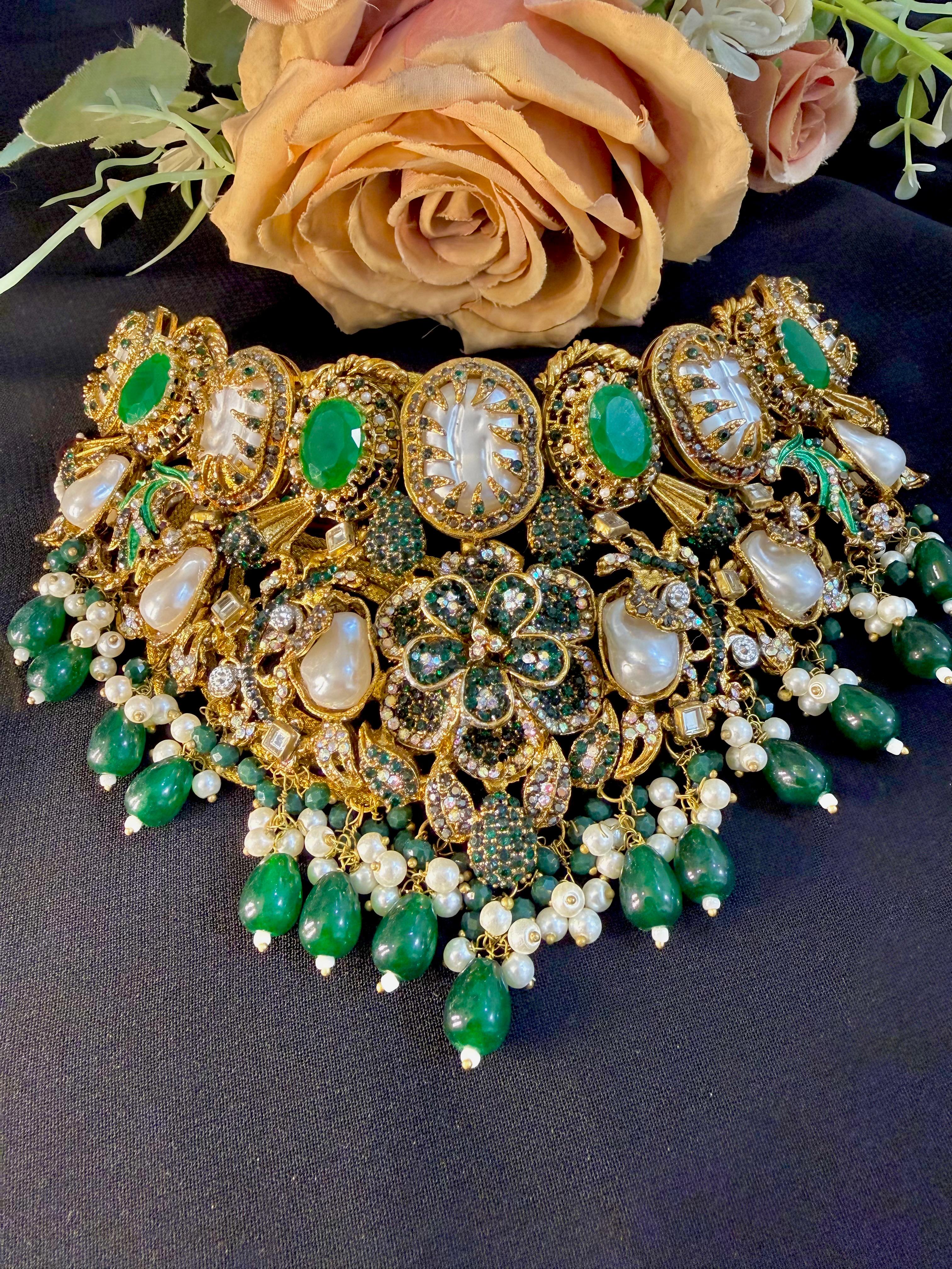 Pakistani Bridal Kundan Set with Green Stones & Pearls | Wedding Jewelry