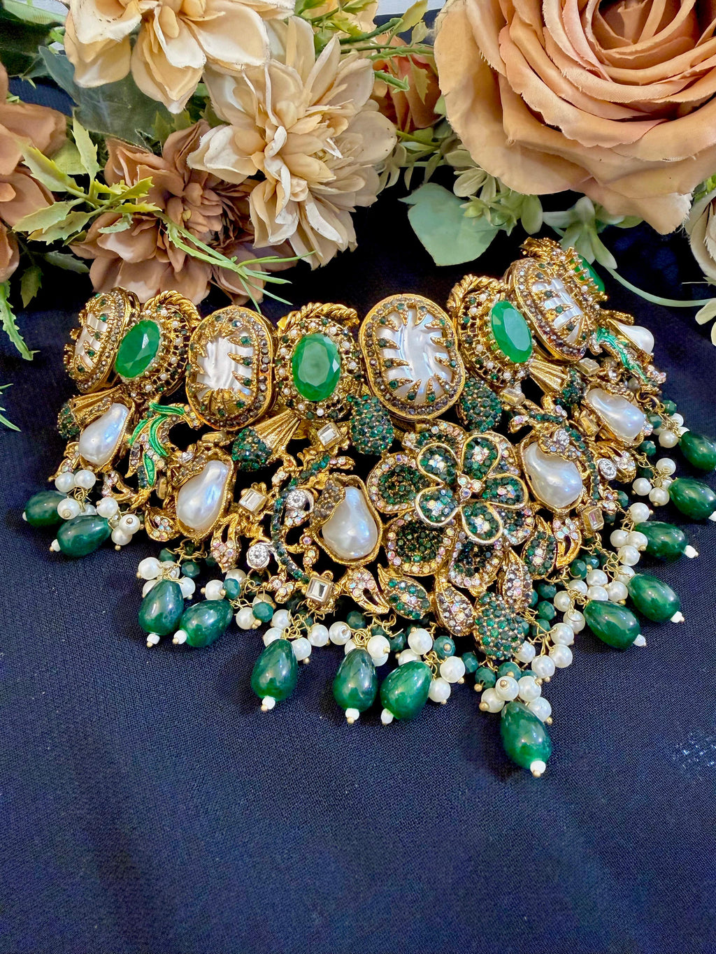 Pakistani Bridal Kundan Set with Green Stones & Pearls | Wedding Jewelry
