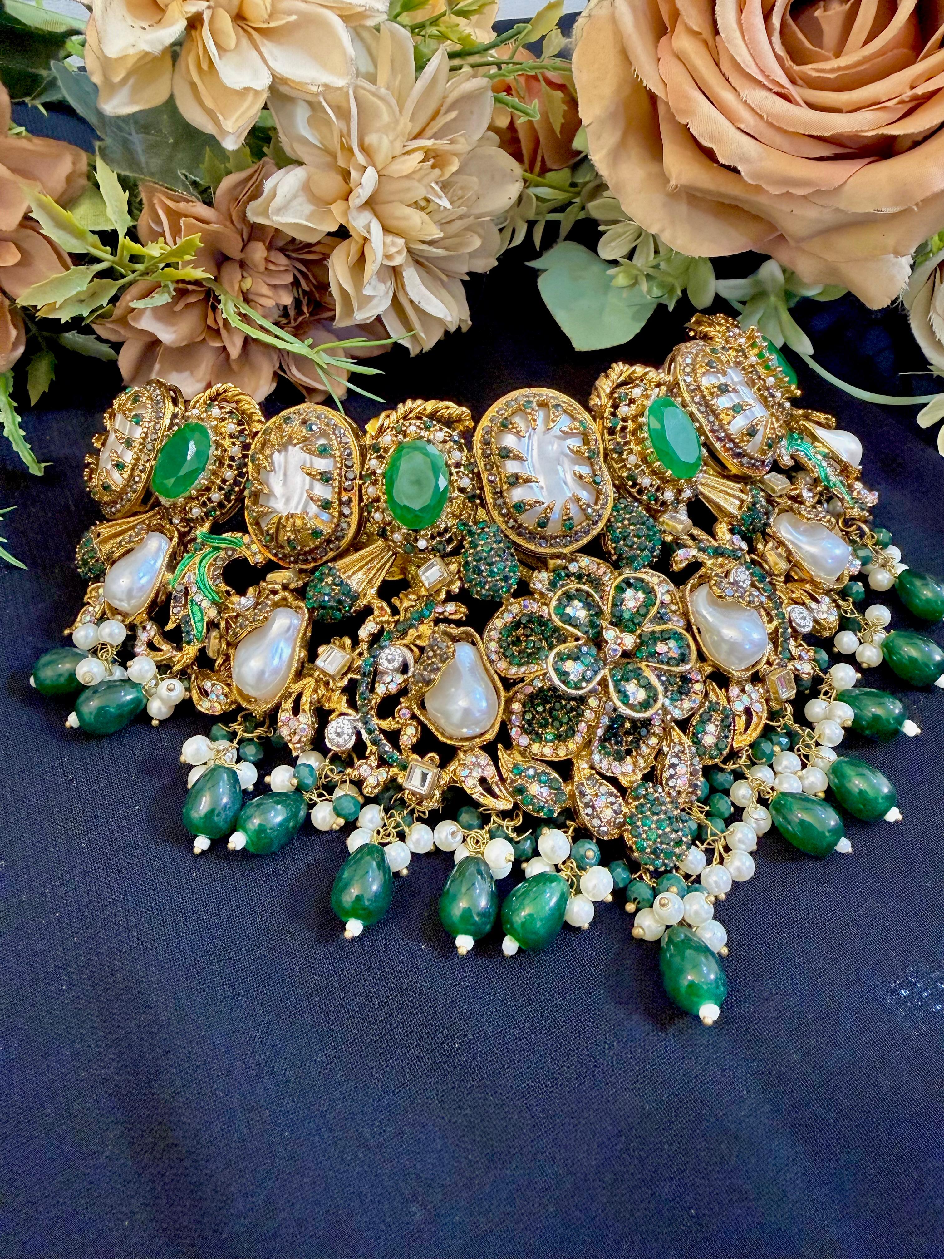 Pakistani Bridal Kundan Set with Green Stones & Pearls | Wedding Jewelry