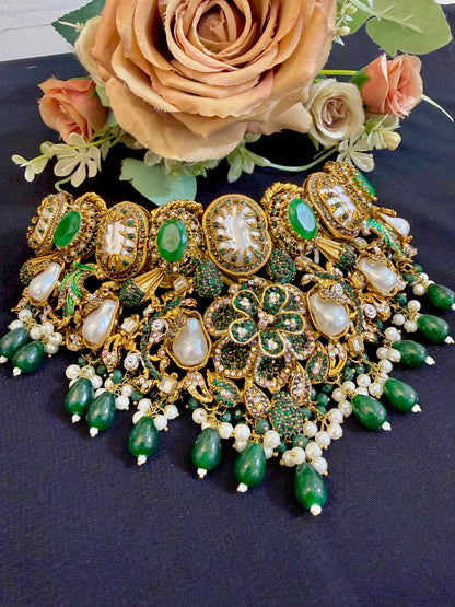 Pakistani Bridal Kundan Set with Green Stones & Pearls | Wedding Jewelry