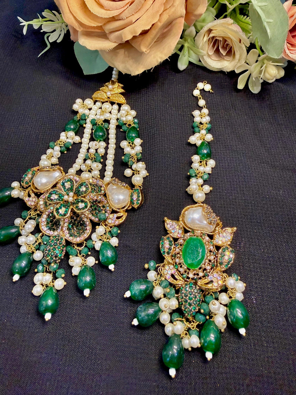 Pakistani Bridal Kundan Set with Green Stones & Pearls | Wedding Jewelry