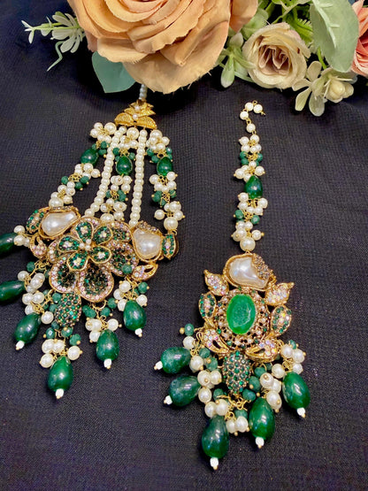 Pakistani Bridal Kundan Set with Green Stones & Pearls | Wedding Jewelry