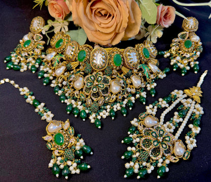 Pakistani Bridal Kundan Set with Green Stones & Pearls | Wedding Jewelry